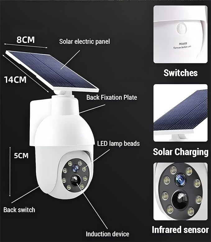 360-Degree Ultra-Bright Solar Light, Dummy CCTV Camera, Outdoor Motion Sensor Spotlight, IP66 Waterproof FloodLights, Wireless Decoy Fake PTZ Dome Security Camera for Porch Garden Patio Driveway