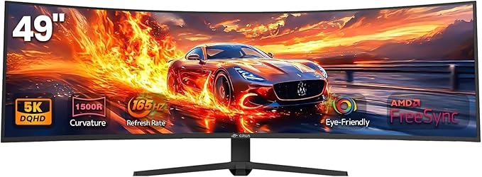 CRUA 49" Curved Gaming Monitor | DQHD(5120 * 1440), 144Hz/165Hz, 1500R, 32:9, AMD FreeSync, 120% sRGB, Height Adjustable Ultra-Wide Screen Monitors, HDMI 2.1 & DP 1.4, Wall Mount Install- Black