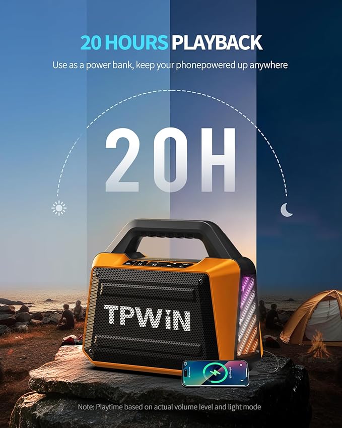 Bluetooth Speaker - 80W Loud, Rugged Outdoor Speakers, IPX6 Waterproof, 20H Playtime, Deep Bass, Lightshow, TWS, BT 5.3 Wireless, Portable for Travel Hiking Camping Beach Pool - Orange