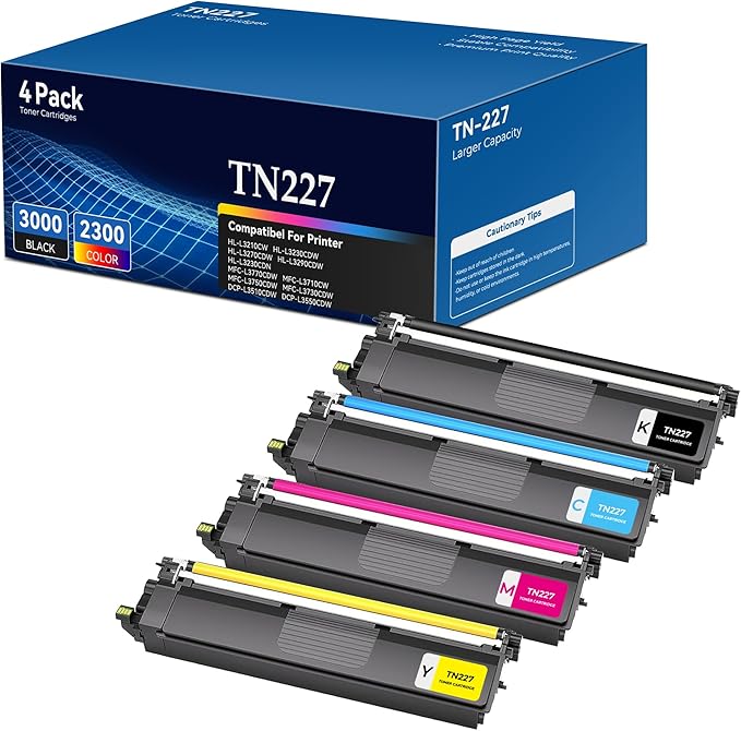 TN227 TN-227 Toner Cartridges 4Pack HL-L3210CW HL-L3270CDW HL-L3230CDW Compatible for Brother TN227 Toner Cartridges Combo Pack Compatible for HL-L3290CDW MFC-L3710CW MFC-L3770CDW HL-L3230CDN Printer