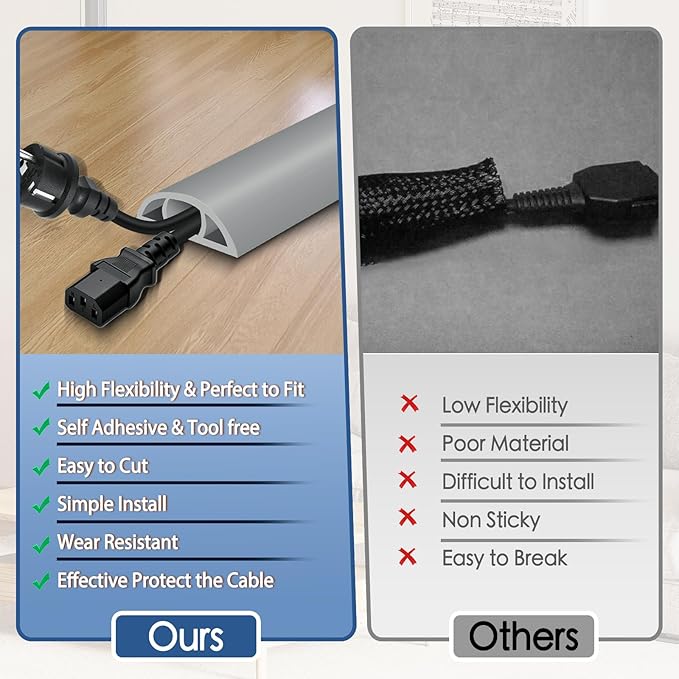 Floor Cord Cover for Wires on Floor Self Adhesive Cord Hider Floor Cable Management Wire Covers for Cords Protector Prevent Cable Trips Cord Cavity W 0.59" x H 0.31", Gray, 10Ft