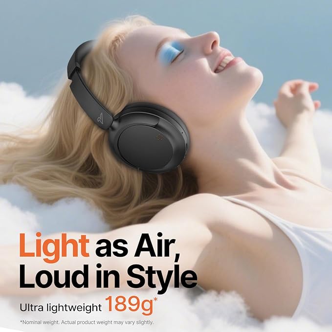 VOKALEN Hyper GO Wireless Over-Ear Noise Cancelling Headphones with Mic, 60H Playtime, Bluetooth Headset, Hi Res Audio, Deep360 Spatial Audio, Ultra-Lightweight for Travel, Work, Study (Black)