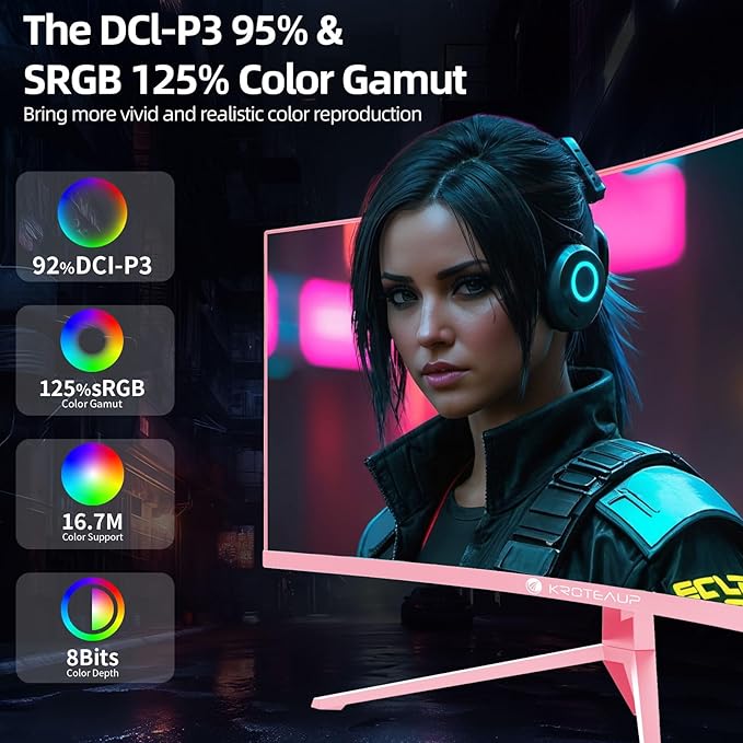 Pink 34 Inch Curved Gaming Monitor 4K, 3440x1440 165Hz Ultrawide Computer Monitor, 1500R -Pip 1ms(Mprt) ‌HDR400 125% sRGB, Dci-P3 92%, HDMI/DP, Port, Suitable for Games and Office Work