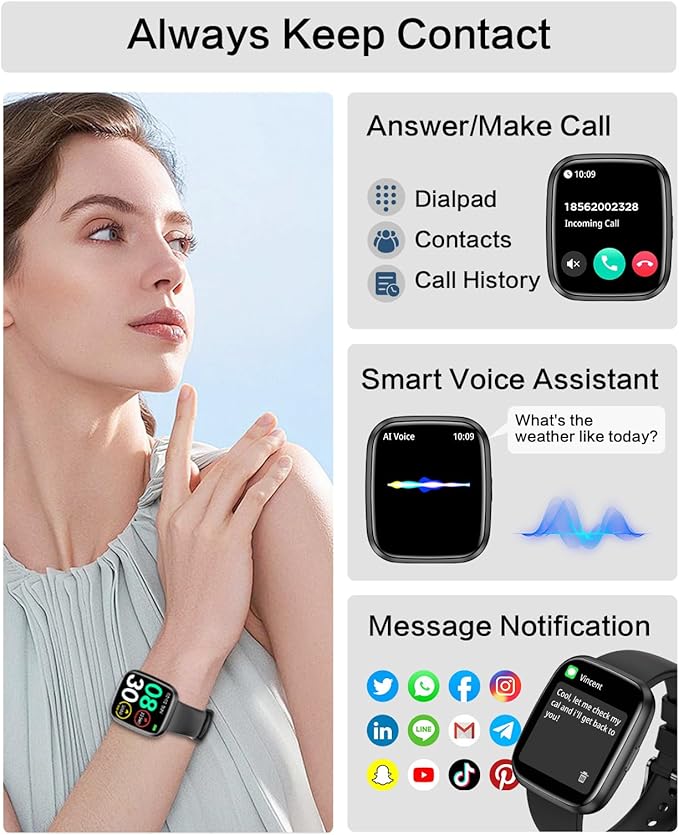Smart Watches for Men/Women, 1.75" Bluetooth Call, AI Voice Smartwatch, 24/7 Heart Rate Monitor, Blood Pressure/SpO2/Sleep Tracker, IP68 Waterproof, 100+ Sports Fitness Tracker for Android iOS Black