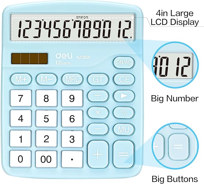 Calculator, Deli Standard Function Desktop Calculators with 12 Digit Large LCD Display and Sensitive Button, Solar Battery Dual Power Office Calculator, Blue