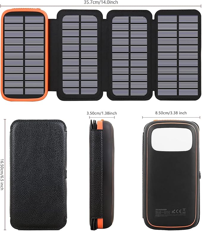 CONXWAN Solar Charger Power Bank – 27000mAh USB C Solar Phone Charger with 3 USB Outputs with 4 Foldable Solar Panels Battery Pack Charger Compatible with Most Smart Phone