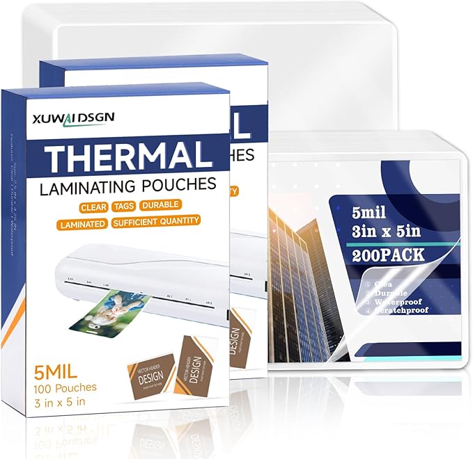 200 Pack 5mil 3“x5" Thermal Laminating Pouches Badge Laminate Pouches Clear Laminated Luggage Tags Printable Laminator Pouches for Business Permits Cards (200, 3"x5"-5mil)