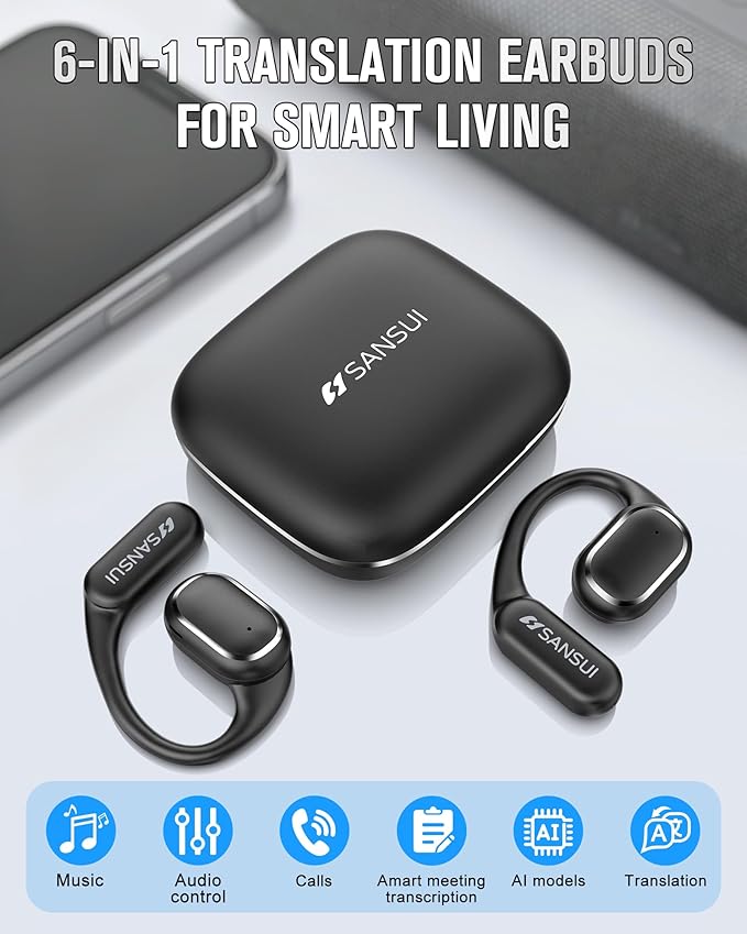 SANSUI AI Translation Earbuds Real Time,6-in-1 Bluetooth 6.0 Language Translator Earbuds,Audifonos Traductores Inglés Español,Translate Ear Buds with 42H Playtime for Travel,Business and Learning