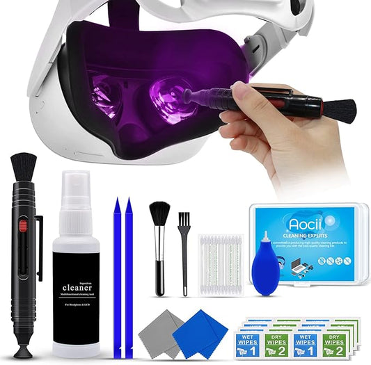 VR Headset Cleaning Kit for Meta Oculus Quest 2 3, Xbox, PS, Wii - Lens Cleaner, Pen Cleaner for Facial Interface, Face Cover Pad, Game Controller - AR VR Accessories
