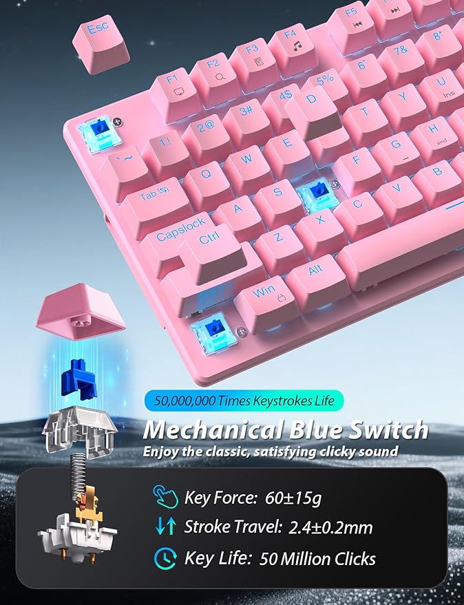 Mechanical Gaming Keyboard and Mouse, LED Backlit 98-Key Floating Keycap & 4 DPI RGB Gaming Mouse with Mouse Pad, Full Anti-Ghost Light Up Wired Computer Keyboards for MAC PC Gamer Accessories, Pink