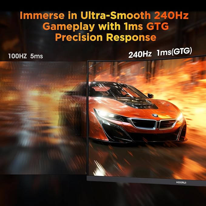 KOORUI 25 Inch Curved Gaming Monitor 240Hz FHD 1080P Computer Monitor, 1500R 1ms GTG Display, Adaptive Sync, 90% DCI-P3,HDR, Eye Care, Tilt Adjustable, VESA 75x75mm, Black,G2511XC