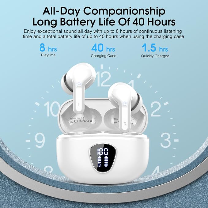 Wireless Earbuds, Bluetooth 5.4 Headphones HiFi Stereo, Bluetooth Earbuds with ENC Noise Cancelling Mic, IP7 Waterproof in Ear Earphones, 48H, LED Display Ear buds for Pad Workout Sports, White Purple