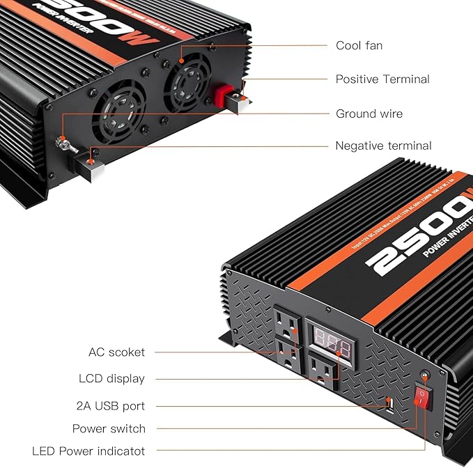 2500W Inverter 12V DC to 120V AC Converter for Home, RV, Truck, Off-Grid Solar Power Inverter with Built-in 5V/2.1A USB, AC Hardwire Port, Remote Controller