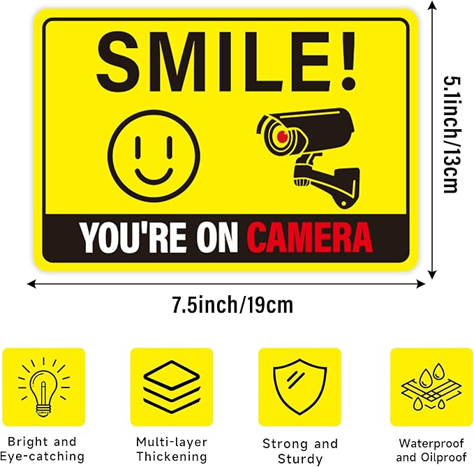 2PCS Smile Your On Camera Sign, Self-Adhesive Waterproof and Fade-Resistant Security Camera Sticker,You Are Being Recorded Sign for Home, Office, Shop, Door（7.7" x 5.3"）