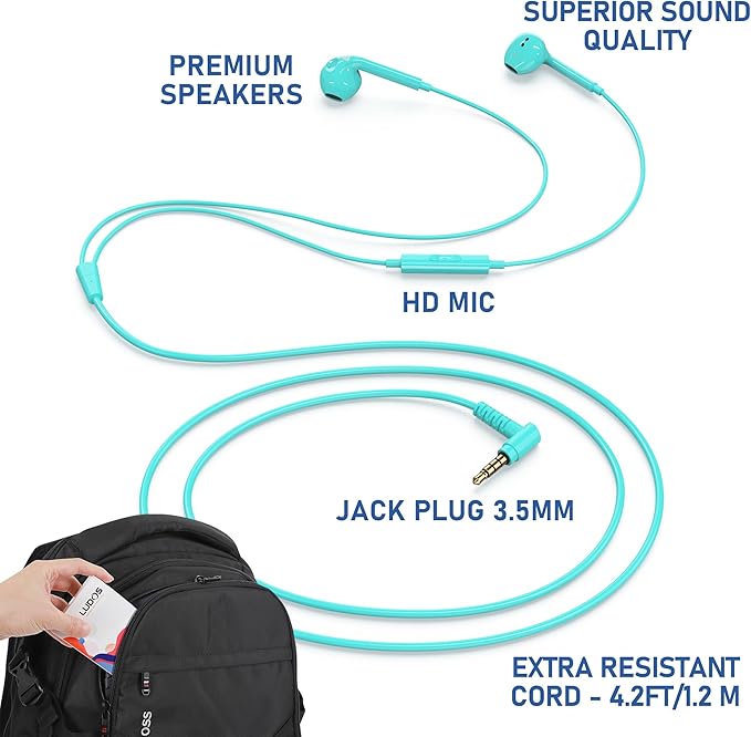 LUDOS Zenith Wired Earbuds in-Ear Headphones, 2 Years Warranty, Earphones with Microphone, Corded for 3.5mm Jack Ear Buds for iPhone, Samsung, Computer, Laptop, Kids, School Students - Turquoise