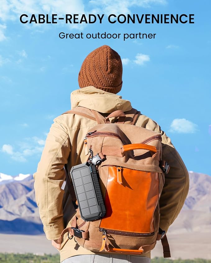 Riapow Solar Charger Power Bank 27000mAh Wireless Portable Charger, 22.5W Fast Charging Battery Bank Built in Cables, PD QC3.0 External Battery Pack with USB C for iPhone Tablet, Flashlight (Black