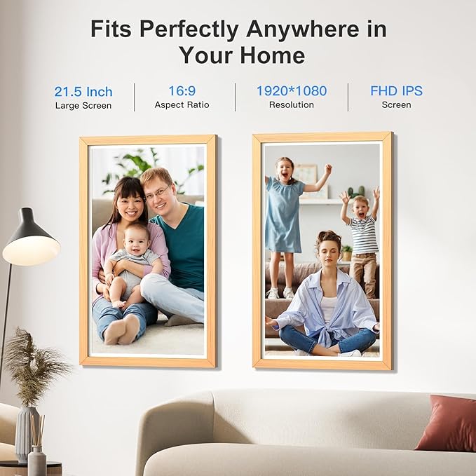 21.5-inch Digital Picture Frame Dual-WiFi Digital Photo Frame - 1080P Video Playback, Smartphone Syn Screen, 32GB, Share Photo Video via App Email, Unlimited Cloud Storage, Wall Mounted for Home Decor