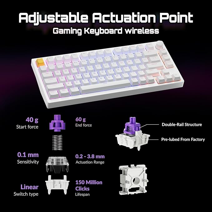 P1 HE 75% Wireless Custom Mechanical Gaming Keyboard with Gateron Double-Rail Magnetic Switches Knob Version, QMK 2.4 GHz Bluetooth 5.2 RGB Backlight Compatible with Mac Windows Linux-White