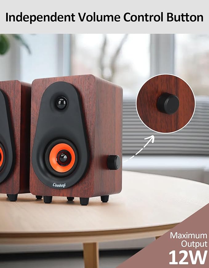 Small Computer Speakers, 2.0 Wooden Speakers for PC or Laptop, USB-Powered Small PC Speakers, Suitable for Desktop Computers/Laptops Built-in 2x2 Speaker Diaphragms
