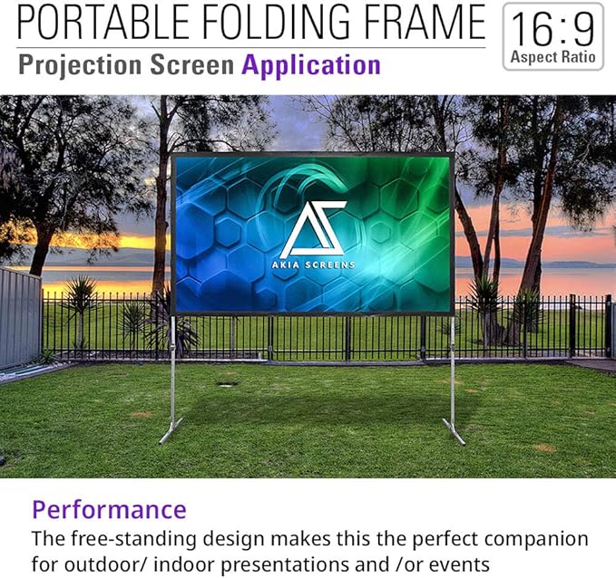 Akia Screens 120 inch Portable Outdoor Projector Screen with Stand and Bag 16:9 8K 4K Ultra HD 3D Adjustable Height Foldable Projection Screen Silver for Movie Video Home Theater AK-OS120H1