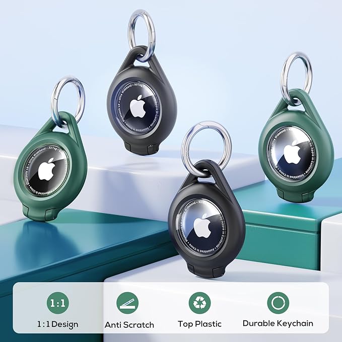 Waterproof Airtag Holder - 4 Pack Airtag Keychain Holder Compatible with Apple AirTags, Ultra Durable Anti-Scratches Protective Case with Keyring for Luggage, Backpack, Pet, Bag, Black/Green
