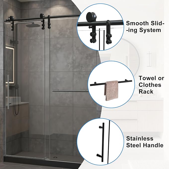 44-48" W x 76" H Frameless Shower Door Bathroom Sliding Shower Door 5/16"(8mm) Thick Tempered Glass Shower Door with Double Stainless Steel Handles for Walk-in Shower, Matte Black