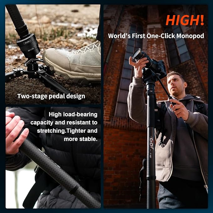COMAN One-Click Lifting Carbon Fiber Monopod, M1 Pro Camera Monopod with Feet, 65'' Lightweight Travel Tripod with Quick Release Foot Lock for Camera, DSLR, Camcorder, Max Load 44lbs / 20kg