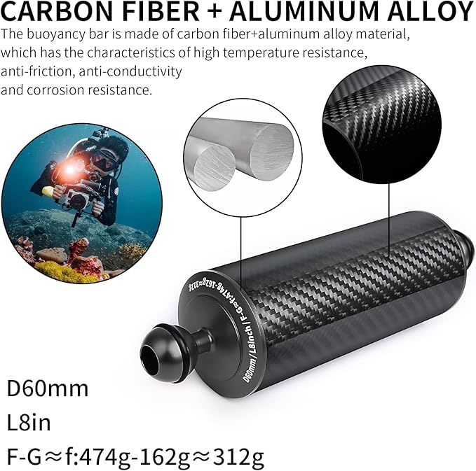 Black 8" Carbon Fiber Underwater Float Arm (2-Pack) - Ultralight Dual 1" Ball Buoyancy System for Diving Tray Video Lights & Strobes