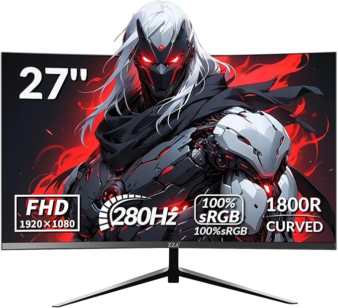 ZZA 27" Curved Gaming Monitor, 280Hz Refresh Rate, FHD 1920x1080p, 1800R VA Panel, 100% sRGB, AMD FreeSync, Low Blue Light, Ultra-Smooth Esports Display, HDMI 2.0 & DP 1.4, VESA Wall Mountable