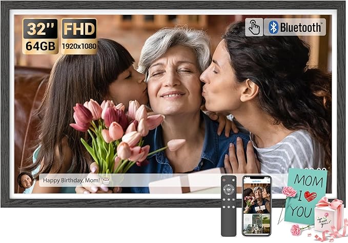 BSIMB 32 Inch Large Digital Picture Frame, Touchscreen 64GB 1920x1080 FHD WiFi Photo Frame Electronic Display Remote Control, Share Pictures/Videos via App/USB/SD Easy Setup Gifts for Mom, Black Wood