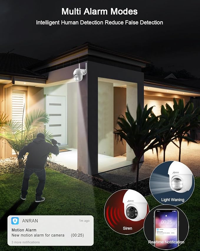 ANRAN 2K Security Camera Wireless Outdoor, Solar Outdoor Camera with 360° View, Smart Siren, Spotlights, Color Night Vision, PIR Human Detection, Pan Tilt Control, 2-Way Talk, Q01W 2 Packs