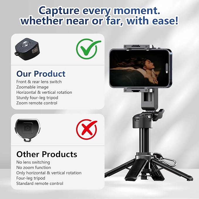 2-in-1 Magnetic Phone Tripod Stand with Zoom, Portable Mini Extendable Selfie Stick with Remote, Lightweight Handheld Cell Phone Tripod for Photos & Videos