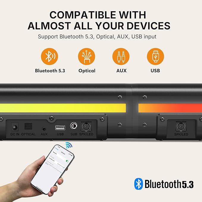 Wohome 2.1 Sound Bar for Smart TV with 5 Inches Wired Subwoofer, 140W, 2 in 1 Detachable Soundbar with RGB-IC Backlight, Bluetooth 5.3, Optical, AUX, USB Input, Bass Adjustable, Remote/Button Control