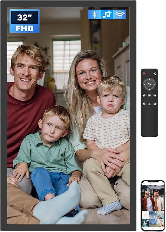 32 inch Large Digital Picture Frame, 1920x1080 FHD Matte Display, WiFi Digital Photo Frame with Remote, 64GB Storage, Auto-Rotate, Share Photo/Video via Apps/Email, USB/Mirco SD, Black