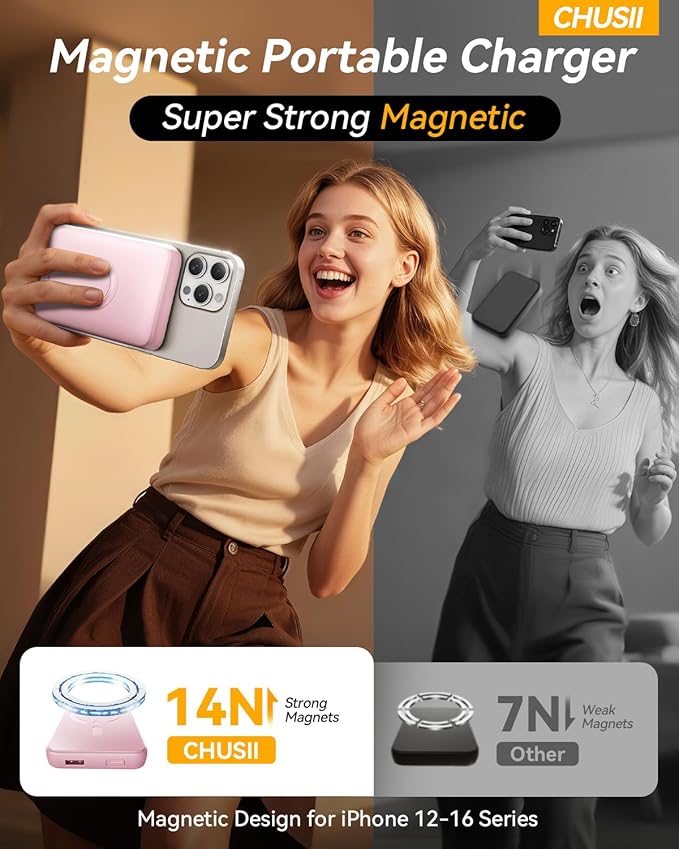 for Magsafe Portable Charger, 12000mAh Wireless Magnetic Power Bank with Stand and PD 20W Fast Charging, for Magsafe Battery Pack Compatible with iPhone 16/15/14/13/12 Series- Sakura