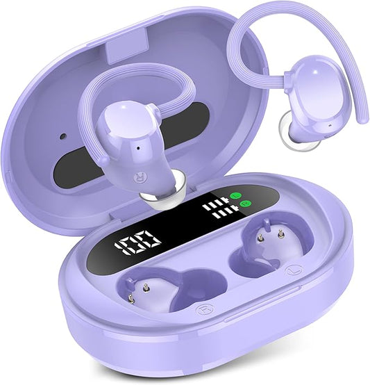 Wireless Earbuds, 2023 New Ultralight Sport Bluetooth 5.3 Headphones In Ear with LED Display, Built-in Mic Earphones, IPX7 Waterproof Wireless Headphones with Earhooks for Gym Workout (Purple)