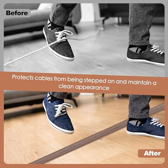 Floor Cord Cover for Wires on Floor Self Adhesive Cord Hider Floor Cable Management Wire Covers for Cords Protector Prevent Cable Trips Cord Cavity W 0.32" x H 0.32", Misty Brown Wood, 20Ft