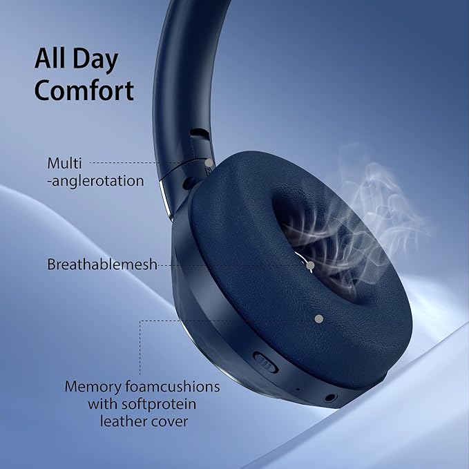 Active Noise Cancelling Headphones, 100H Playtime Headphones Wireless Bluetooth, Bluetooth Headphone with Microphone, Over- Ear Wireless Headphone with Deep Bass for Travel (Blue)