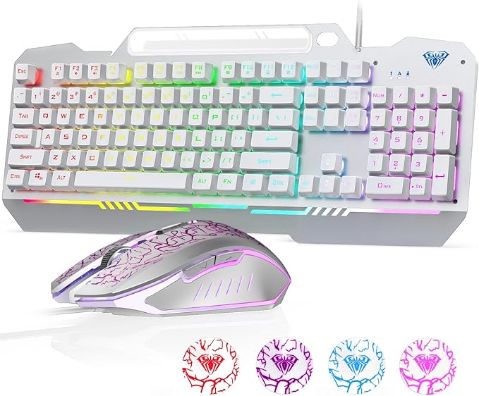 AULA Gaming Keyboard, T102 104 Keys Keyboard and Mouse Combo, USB Wired Computer Keyboards Mechanical Feel Full Size, RGB Backlit for PC/Laptop Gaming or Working/Office (White)