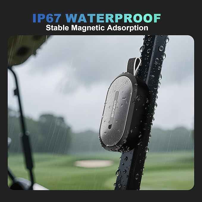 SOWO Wireless Portable Small Speaker, Ultra Magnetic Bluetooth Speaker for Golf Cart, Coverless IP67 Waterproof, 24 H Playtime, Pro Sound, Clip Hanging Design for Outdoor, Indoor - Black