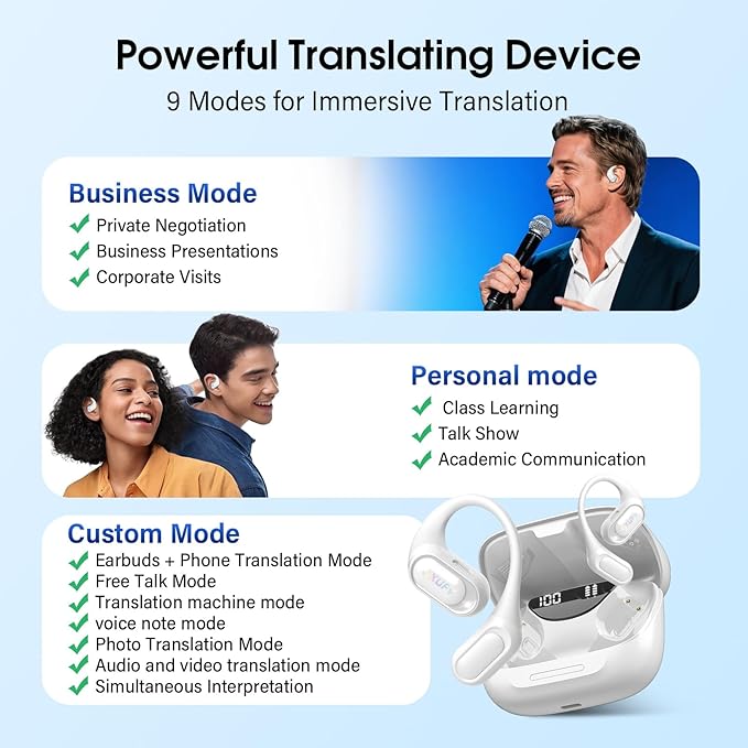 AI Translation Earbuds Real Time with Audio and Video Calls, 164 Language/7 Translation Modes Translator Earbuds Bluetooth 5.4 with APP, 50H Translate Ear Buds Device for Business/Learning, White