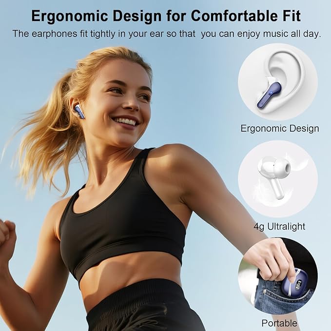 Wireless Earbuds, Bluetooth Headphones 5.4 HiFi Stereo, Ear Buds with 4 ENC Noise Cancelling Mics, 48H Bluetooth Earbuds with Dual LED Display, IP7 Waterproof in Ear Earphones for Android iOS, Blue