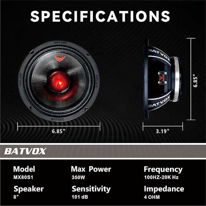 MX80S1 Midrange Loudspeaker 8" Red Bullet, 700W Max, 4 Ohms, Premium Quality Audio Door Speakers for Car or Truck Stereo Sound System, Black (1 Speaker)