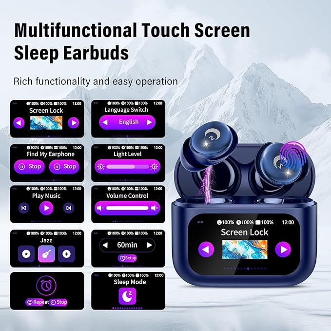 Sleep Earbuds Bluetooth 5.4 Smart Touch Screen in Ear Ear Buds, 48H Mini Sleep Headphones Small Design for Side Sleepers, Clear Calls, 5 EQ Modes, IPX7 Waterproof Earphones, Deep Blue Earbuds