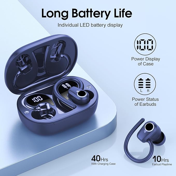 Wireless Earbuds,50H Stereo Ear Buds Dual LED Display, Bluetooth 5.3 Headphones Sport, 2025 Bluetooth Earbuds with 4 ENC Noise Canceling Mic, IP7 Waterproof Earphones with Earhooks for Running, Navy