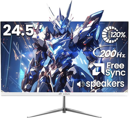 CRUA 24.5" White Gaming Monitor, 200Hz FHD(1920 * 1080P) VA Screen Computer Monitor, Supports Freesync, 120% sRGB, Blue Light Filter, Built-in Speakers, Wall Mountable Installs(HDMI 1.4/DP 1.2)