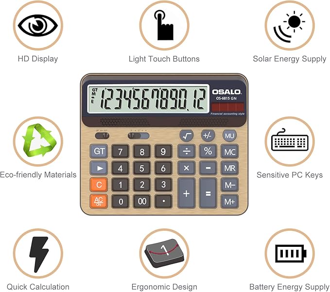 Desktop Calculator Extra Large 5-Inch LCD Display 12-Digit Big Number Accounting Calculator with Giant Response Button, Battery & Solar Powered, Perfect for Office Business Home Daily Use(6815GN-2pcs)