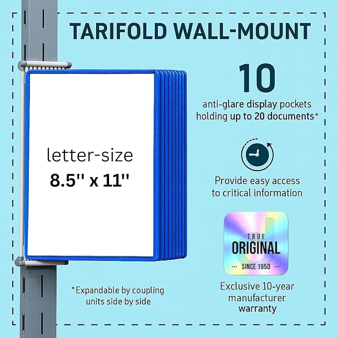 Tarifold DJOIS Wall Mount Reference System – 10 Double-Sided Display Pockets – Letter Size – Steel Wire Frame – Adjustable Tabs – Made in France - Blue (W211)
