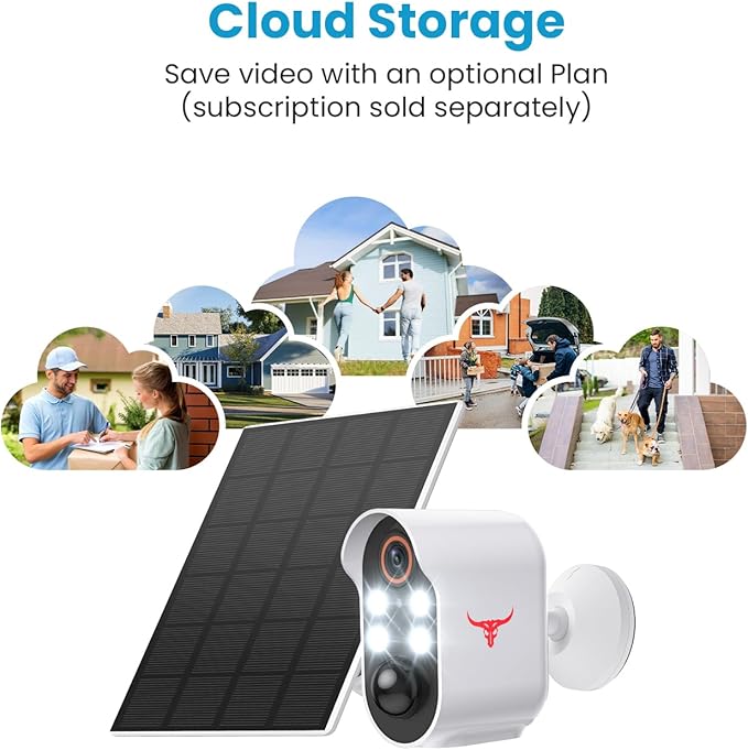 1080P Security Camera Wireless, Color Night Vision, Human Detection, Cloud Storage, 2-Way Audio, 2.4G WiFi, Live View, Indoor Outdoor Surveillance (4 Spotlights+Solar Panel)