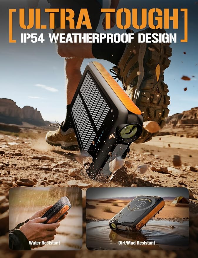 ToughTested ROC 5 Solar Power Bank 5000mAh, MagSafe Compatible Wireless Charger for iPhone 17/16/15/14/13, QC3.0 USB-C PD20W, IP54 Rugged Outdoor Battery with 5-Year Warranty for Travel, Camping